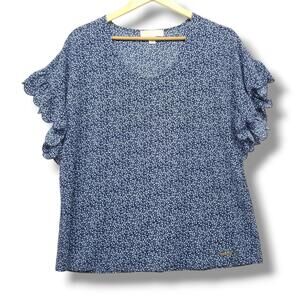 Michael Kors Short Sleeve Floral Blouse Top‎ Large Blue White Flutter Ruffle
